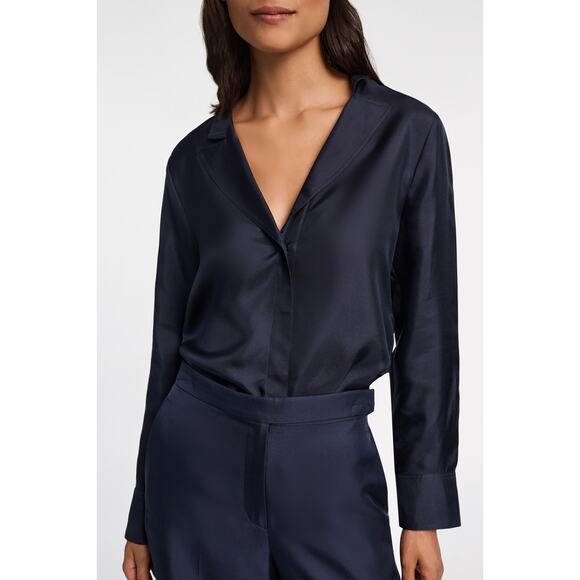 Dorothee Schumacher 100% Silk Trench It Up II Navy Button Up Blouse Size 5/XL - Picture 1 of 16